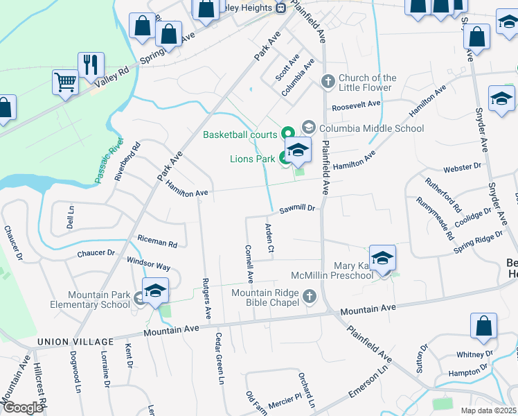 map of restaurants, bars, coffee shops, grocery stores, and more near 84 Sawmill Drive in Berkeley Heights