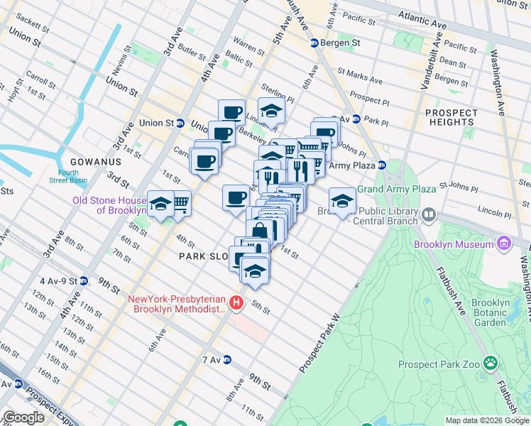 map of restaurants, bars, coffee shops, grocery stores, and more near 425 1st Street in Brooklyn