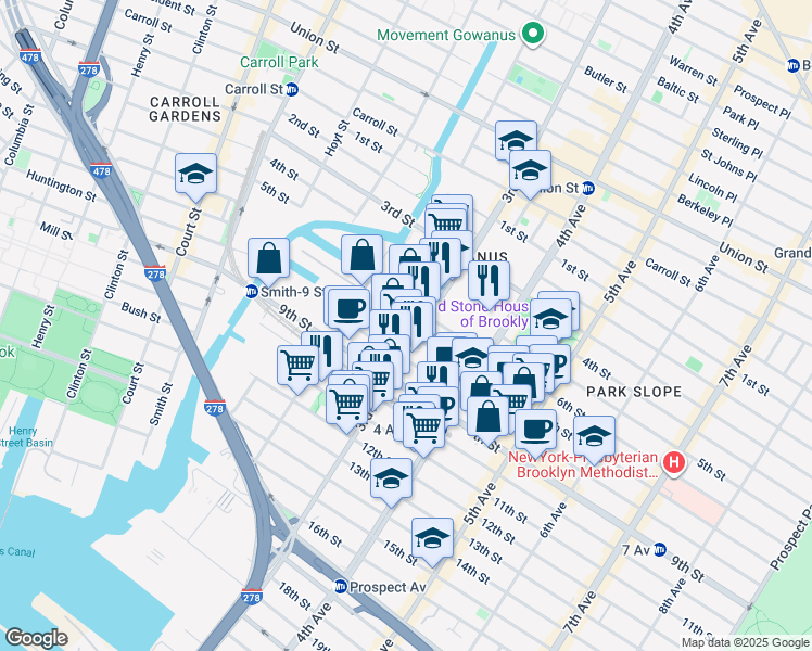 map of restaurants, bars, coffee shops, grocery stores, and more near 440 3rd Avenue in Brooklyn