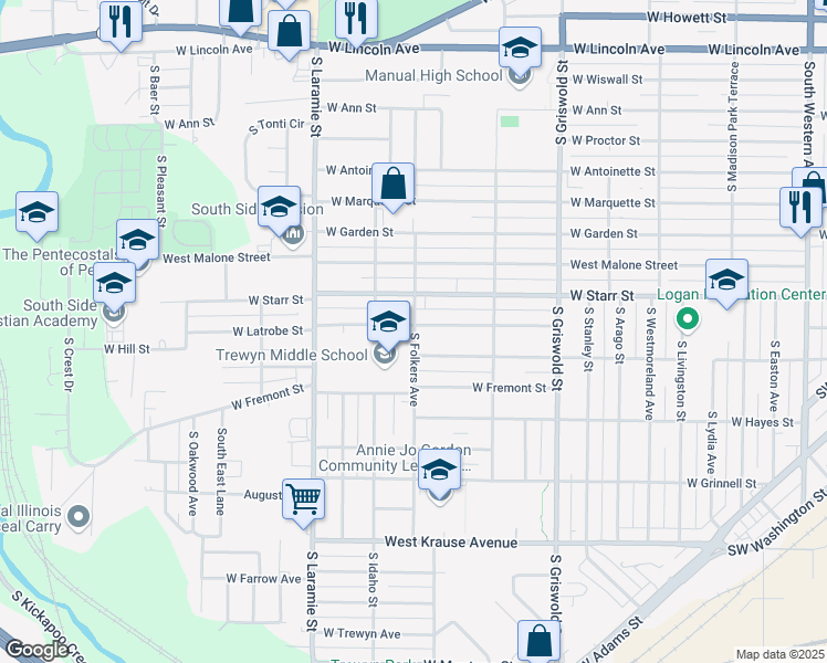 map of restaurants, bars, coffee shops, grocery stores, and more near 1419 South Folkers Avenue in Peoria
