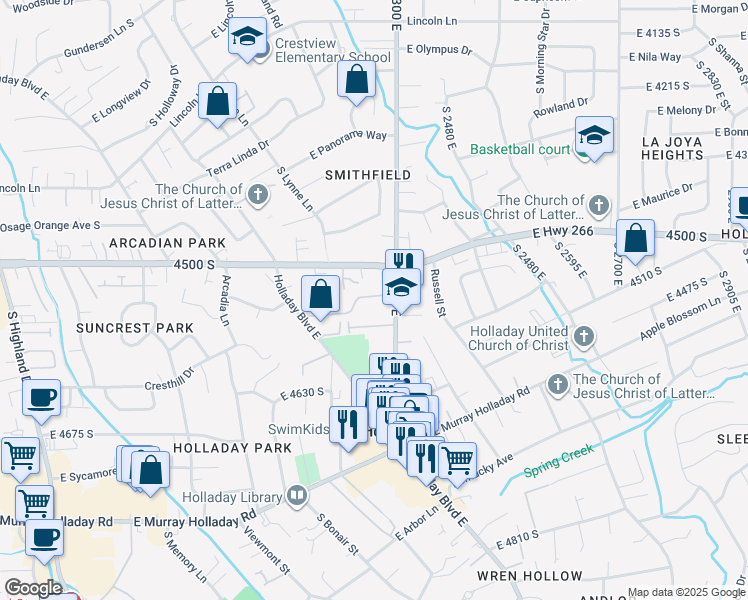 map of restaurants, bars, coffee shops, grocery stores, and more near 2209 Carriage Lane in Holladay