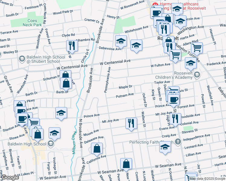 map of restaurants, bars, coffee shops, grocery stores, and more near 470 Pennsylvania Avenue in Freeport