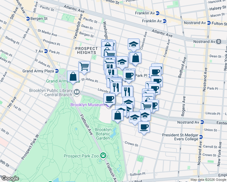 map of restaurants, bars, coffee shops, grocery stores, and more near 188 Eastern Parkway in Brooklyn