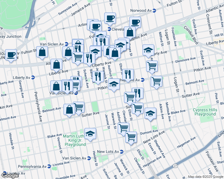 map of restaurants, bars, coffee shops, grocery stores, and more near 456 Warwick Street in Brooklyn