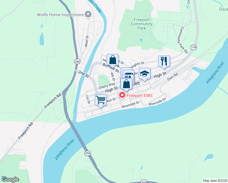 map of restaurants, bars, coffee shops, grocery stores, and more near 307 Market Street in Freeport