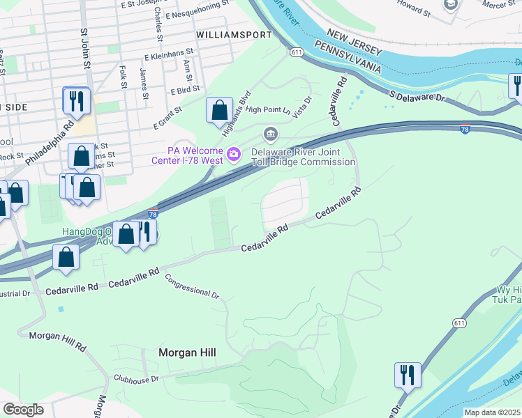 map of restaurants, bars, coffee shops, grocery stores, and more near 205 Cedar Park Boulevard in Easton