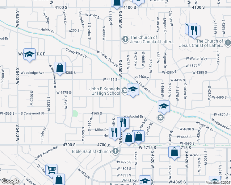 map of restaurants, bars, coffee shops, grocery stores, and more near 4501 Honeywood Lane in West Valley City