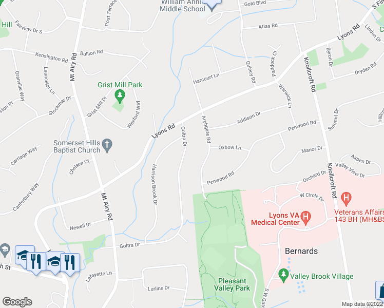map of restaurants, bars, coffee shops, grocery stores, and more near 54 Archgate Road in Basking Ridge