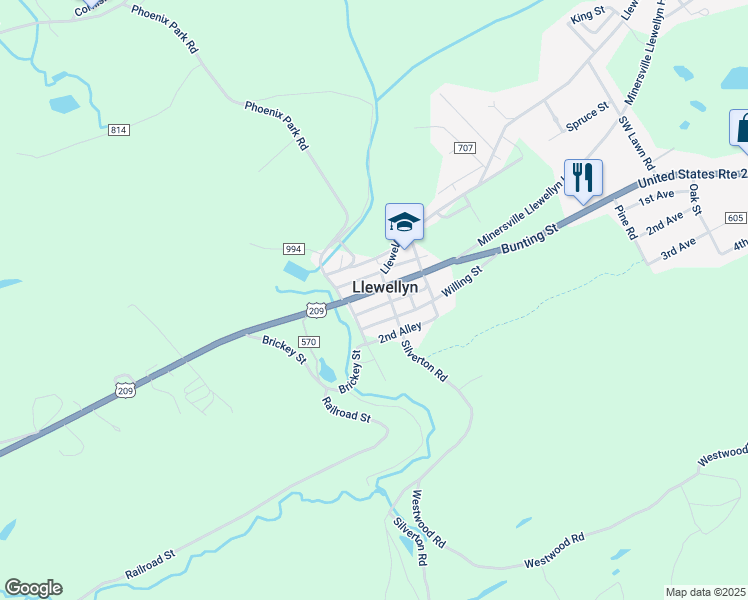 map of restaurants, bars, coffee shops, grocery stores, and more near 121 Willing in Llewellyn