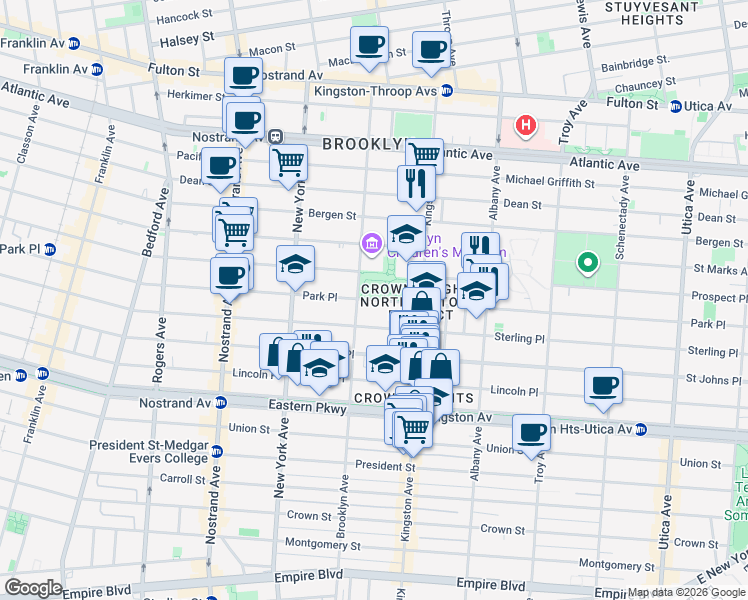 map of restaurants, bars, coffee shops, grocery stores, and more near 1012 Park Place in Brooklyn