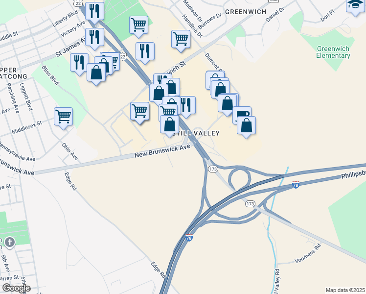 map of restaurants, bars, coffee shops, grocery stores, and more near 1204 New Brunswick Avenue in Phillipsburg