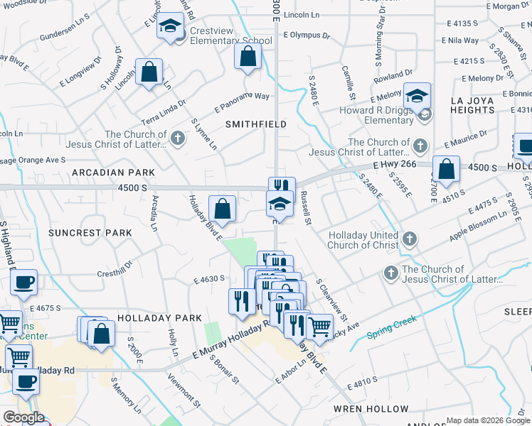map of restaurants, bars, coffee shops, grocery stores, and more near 2278 Carriage Lane in Holladay