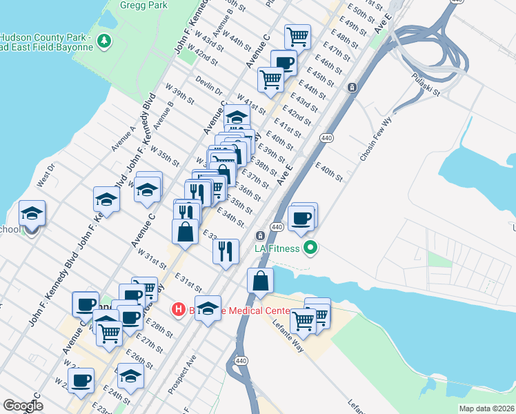 map of restaurants, bars, coffee shops, grocery stores, and more near 556 Avenue E in Bayonne