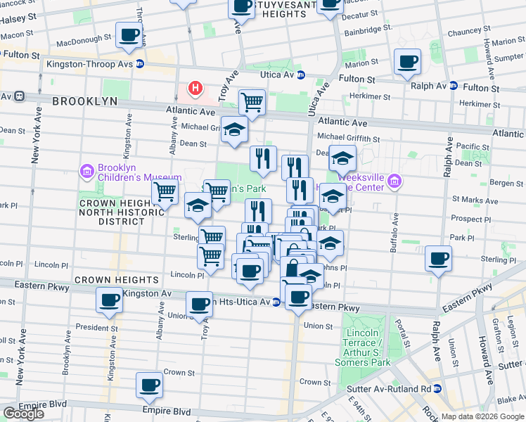 map of restaurants, bars, coffee shops, grocery stores, and more near 1328 Park Place in Brooklyn