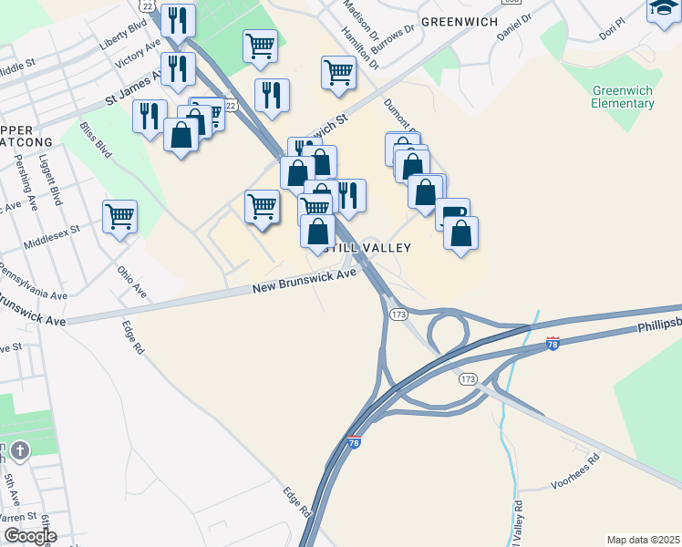 map of restaurants, bars, coffee shops, grocery stores, and more near 1202 New Brunswick Avenue in Phillipsburg
