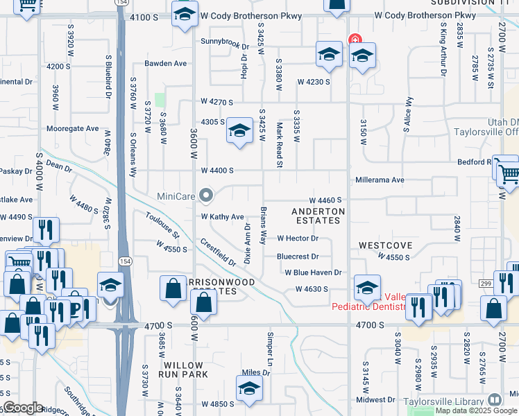 map of restaurants, bars, coffee shops, grocery stores, and more near 3443 West Kathy Avenue in West Valley City