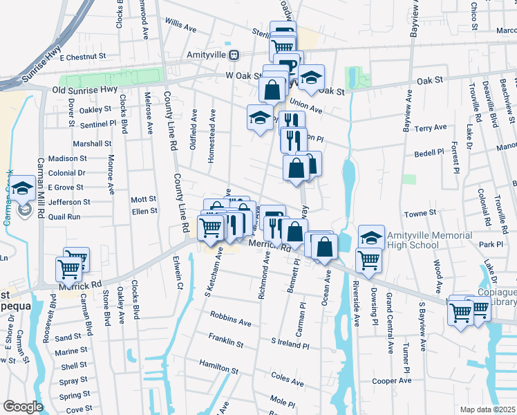 map of restaurants, bars, coffee shops, grocery stores, and more near 29 Park Avenue in Amityville