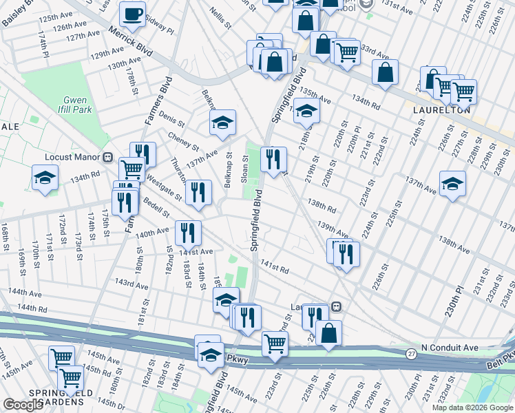 map of restaurants, bars, coffee shops, grocery stores, and more near 139-22 Springfield Boulevard in Queens