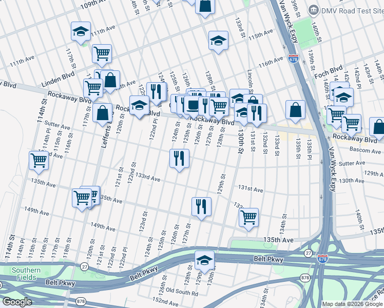 map of restaurants, bars, coffee shops, grocery stores, and more near 126-12 Sutter Avenue in Queens