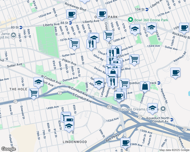 map of restaurants, bars, coffee shops, grocery stores, and more near 137-02 Whitelaw Street in Queens