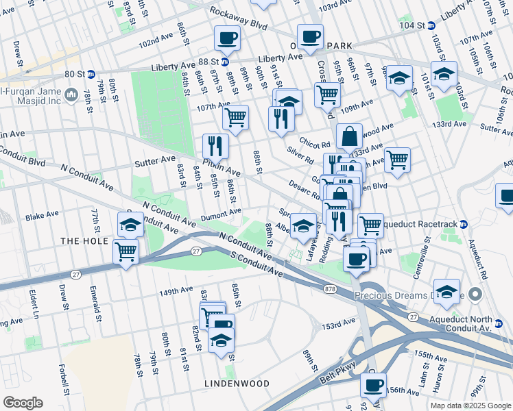 map of restaurants, bars, coffee shops, grocery stores, and more near 88-01 Albert Road in Queens