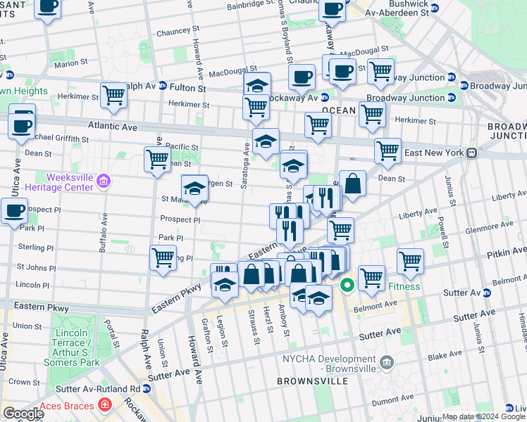map of restaurants, bars, coffee shops, grocery stores, and more near 1841 Prospect Place in Brooklyn