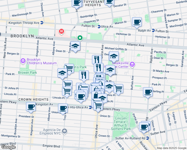 map of restaurants, bars, coffee shops, grocery stores, and more near 1367 Park Place in Brooklyn