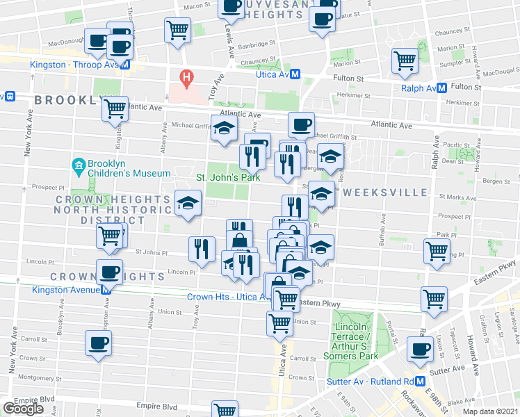 map of restaurants, bars, coffee shops, grocery stores, and more near 1328 Park Place in Brooklyn