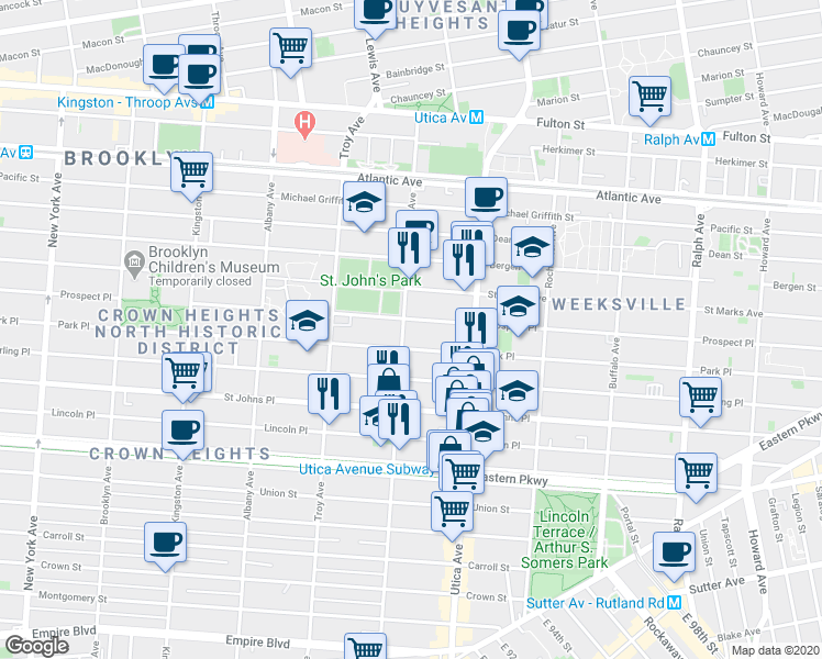 map of restaurants, bars, coffee shops, grocery stores, and more near 1328 Park Place in Brooklyn