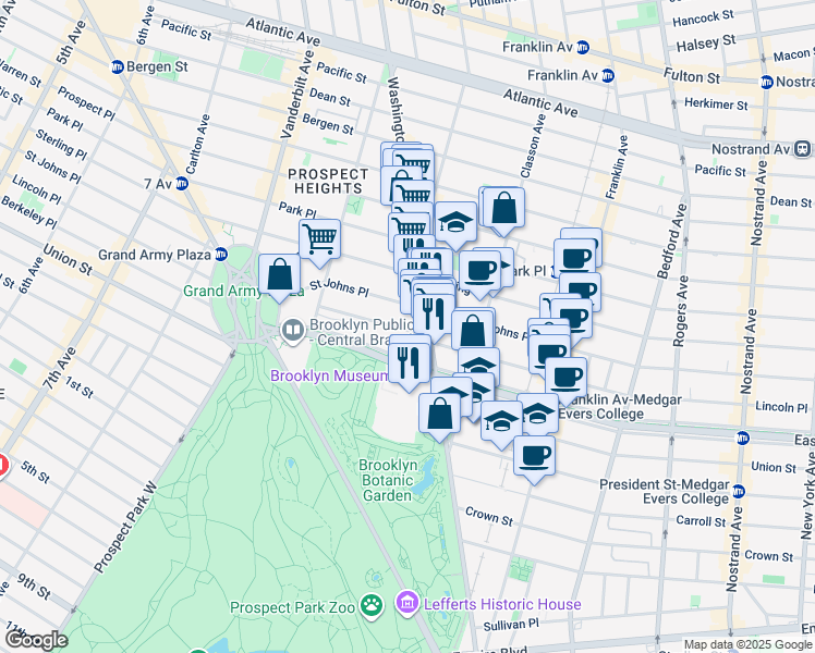 map of restaurants, bars, coffee shops, grocery stores, and more near 188 Eastern Parkway in Brooklyn