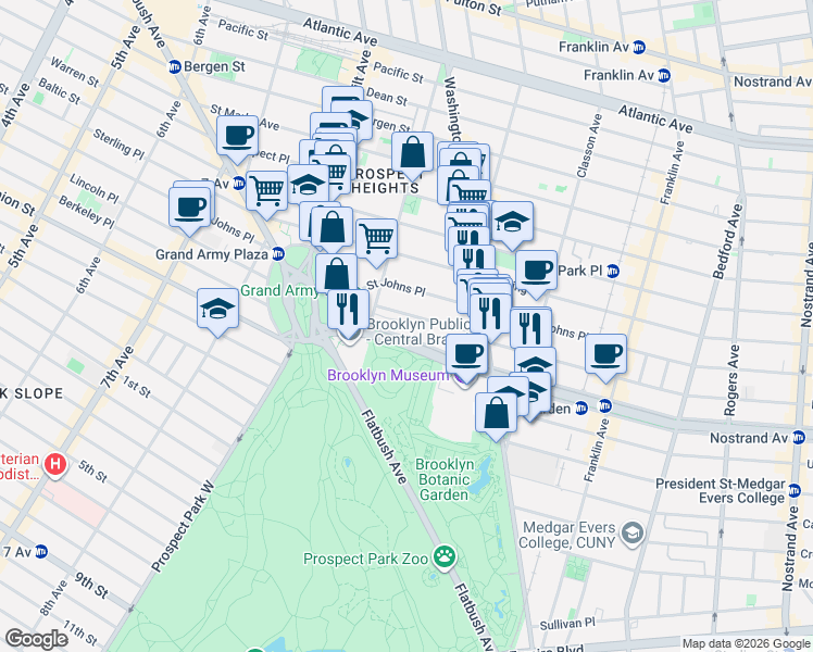 map of restaurants, bars, coffee shops, grocery stores, and more near 73 North Service Road in Brooklyn