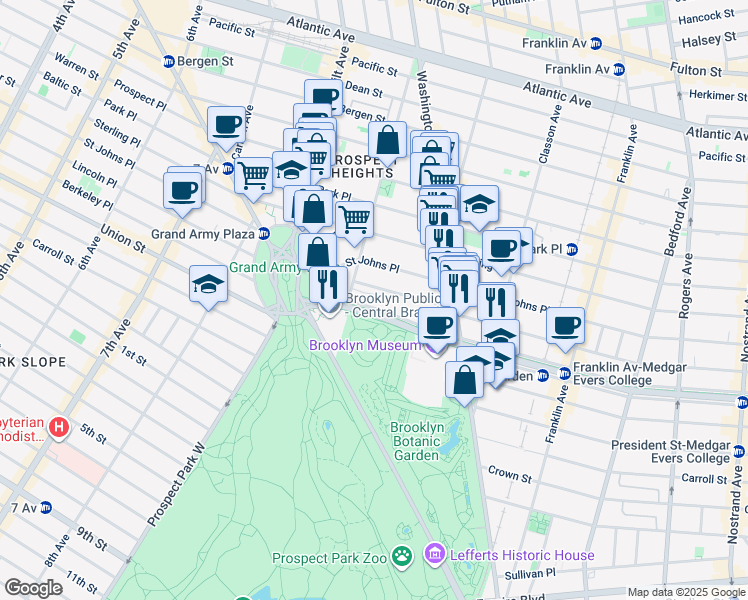 map of restaurants, bars, coffee shops, grocery stores, and more near 73 North Service Road in Brooklyn