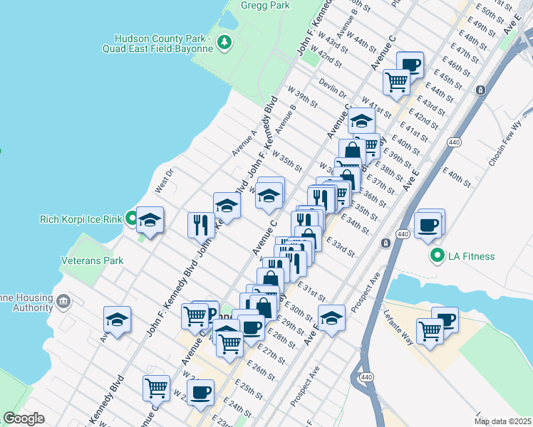 map of restaurants, bars, coffee shops, grocery stores, and more near 63 West 32nd Street in Bayonne