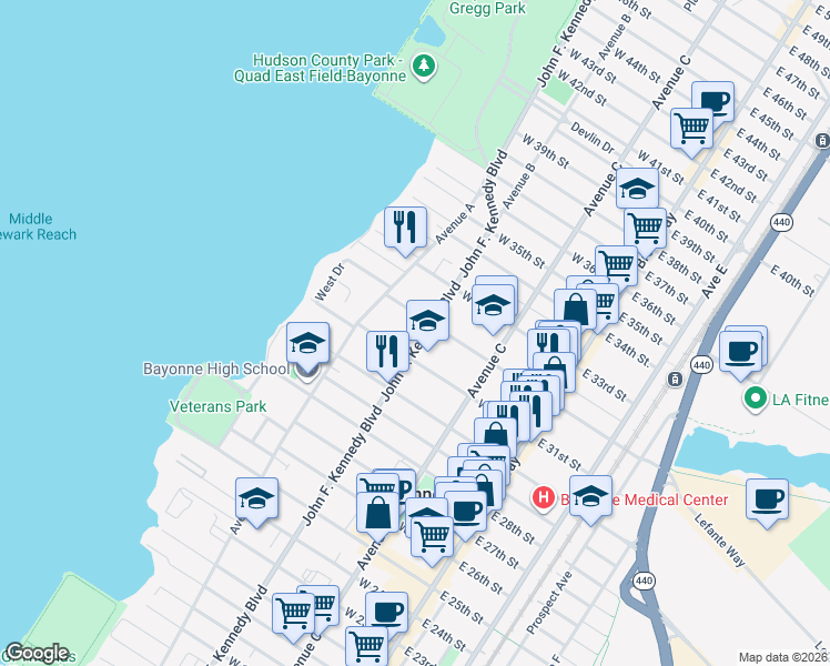 map of restaurants, bars, coffee shops, grocery stores, and more near 100 West 31st Street in Bayonne