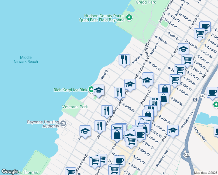 map of restaurants, bars, coffee shops, grocery stores, and more near 143 West 30th Street in Bayonne