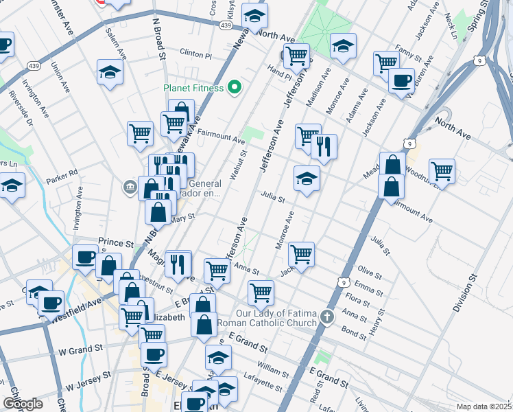 map of restaurants, bars, coffee shops, grocery stores, and more near 513 Jefferson Avenue in Elizabeth