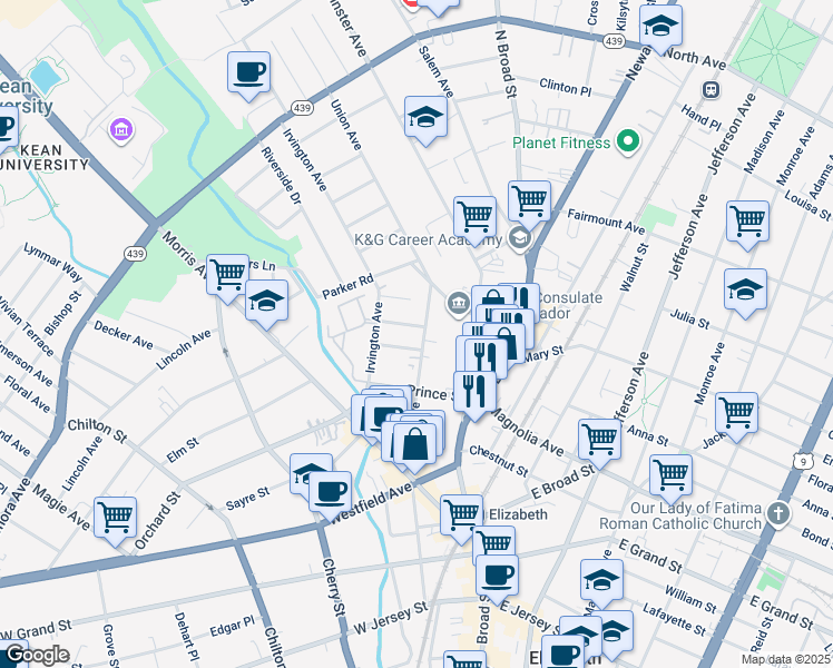 map of restaurants, bars, coffee shops, grocery stores, and more near 425 Union Avenue in Elizabeth