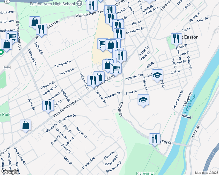map of restaurants, bars, coffee shops, grocery stores, and more near 2525 Burrows Street in Easton