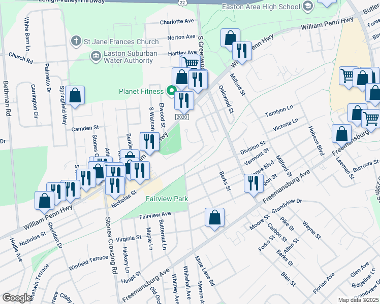 map of restaurants, bars, coffee shops, grocery stores, and more near 3501 Nicholas Street in Easton