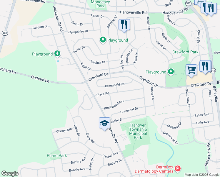 map of restaurants, bars, coffee shops, grocery stores, and more near 1108 Place Road in Bethlehem