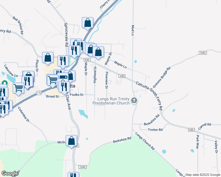 map of restaurants, bars, coffee shops, grocery stores, and more near 15788 Pineview Drive in Calcutta