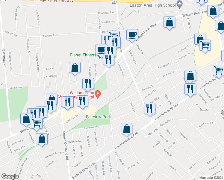 map of restaurants, bars, coffee shops, grocery stores, and more near 3501 Nicholas Street in Easton