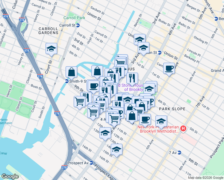 map of restaurants, bars, coffee shops, grocery stores, and more near 440 3rd Avenue in Brooklyn