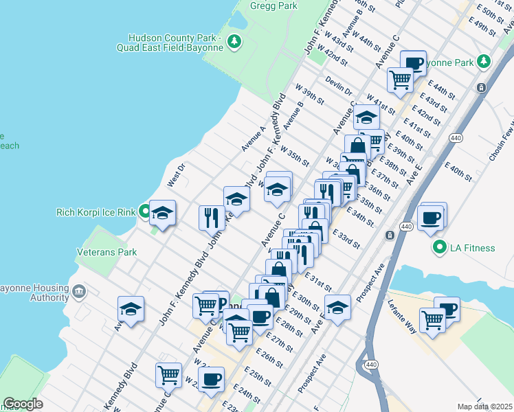 map of restaurants, bars, coffee shops, grocery stores, and more near 87 West 32nd Street in Bayonne