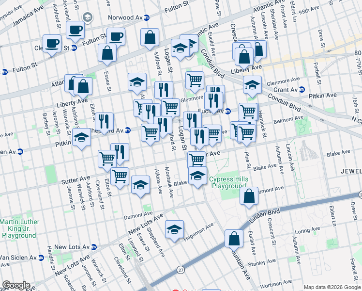 map of restaurants, bars, coffee shops, grocery stores, and more near 277 Milford Street in Brooklyn