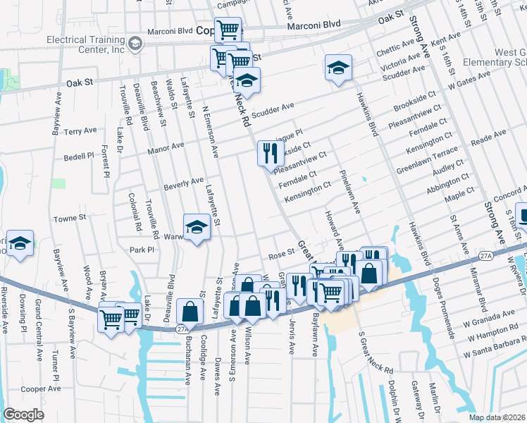 map of restaurants, bars, coffee shops, grocery stores, and more near 4 Anthony Court in Copiague