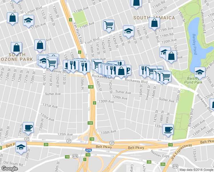 map of restaurants, bars, coffee shops, grocery stores, and more near 140-38 Bascom Avenue in Queens