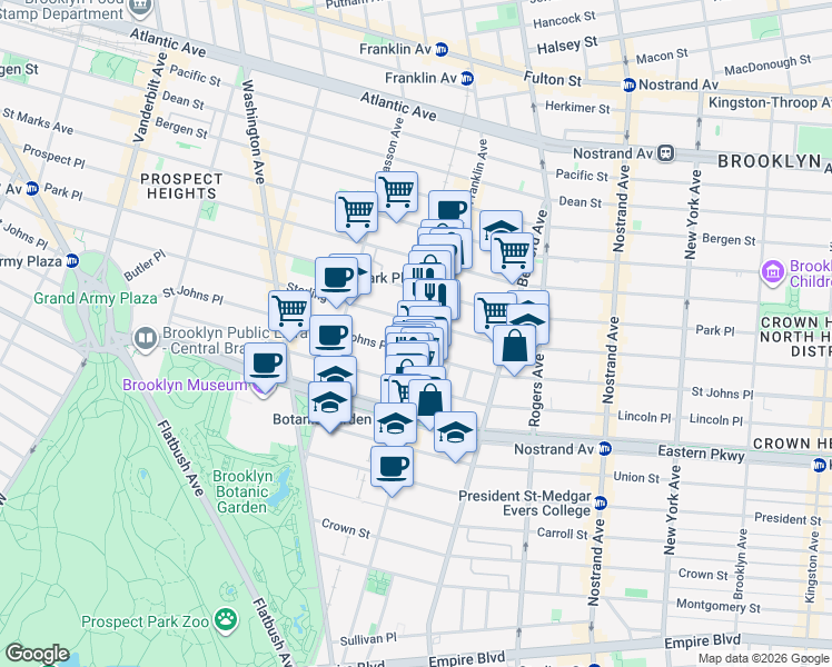 map of restaurants, bars, coffee shops, grocery stores, and more near 625 Saint Johns Place in Brooklyn