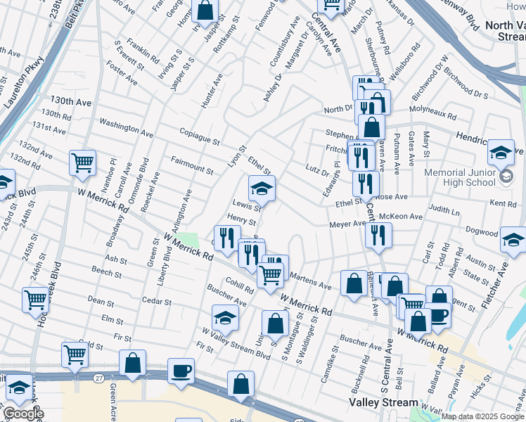 map of restaurants, bars, coffee shops, grocery stores, and more near 99 Shaw Avenue in Valley Stream