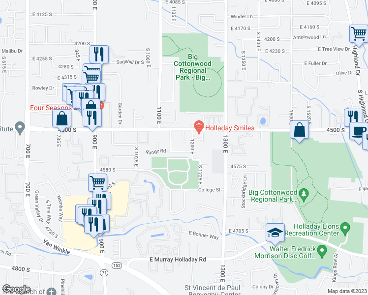 map of restaurants, bars, coffee shops, grocery stores, and more near 1175 East Range Road in Millcreek